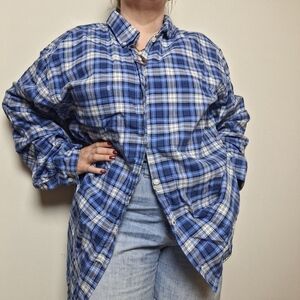 Izod Saltwater Relaxed Classics Blue and White Plaid Button Down Shirt Size XL